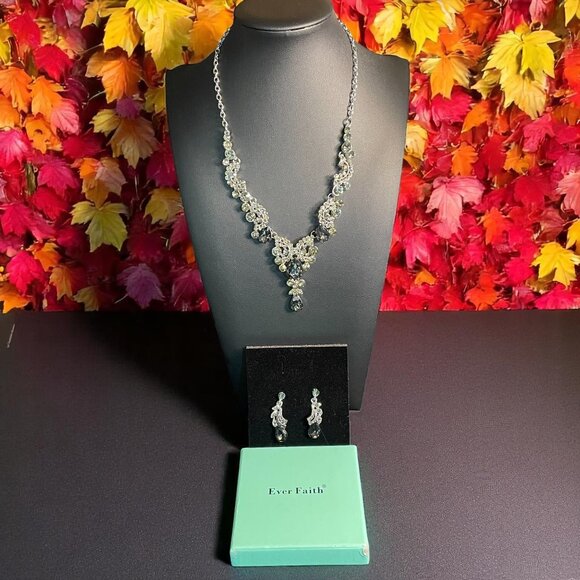 Ever Faith Crystal Necklace Earrings Set Bridal Prom Silver Tone Gift Box - Picture 1 of 14